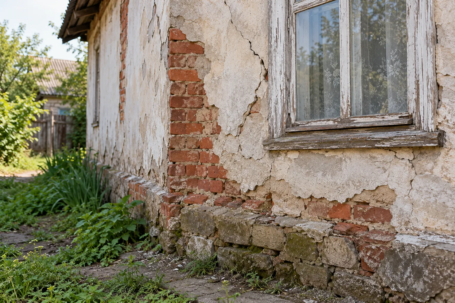 Потрескавшаяся штукатурка, открытая кирпичная кладка и основание старого дома.